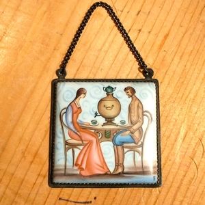 Hand painted, framed ceramic tile, possibly French